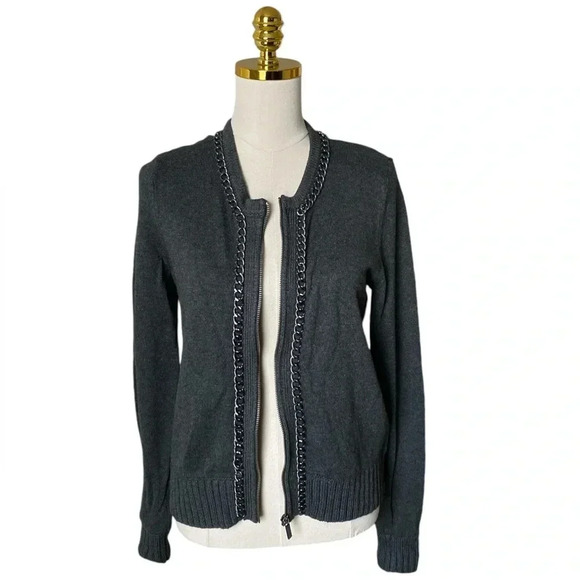 MICHAEL KORS | Women’s Zip-Up Dark Gray Chain Embroidered Cardigan Size M - Picture 2 of 8